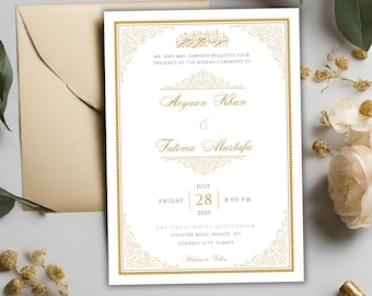 May include: A white wedding invitation with gold calligraphy and ornate borders. The invitation announces the marriage of Aryaan Khan and Fatima Mustafa on Friday, July 28, 2025 at 8:00 PM at The Great Hotel Auditorium in Istanbul, Turkey.