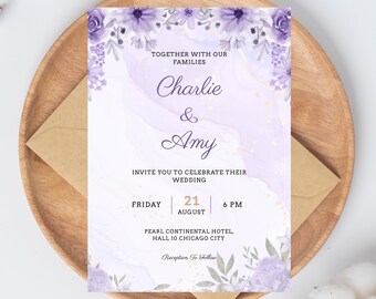 Plantilla de invitación de boda lila, invitación de boda de lavanda púrpura boho, invitación de boda de lavanda imprimible, descarga instantánea de bricolaje