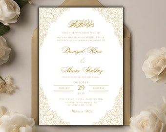 White and Gold Nikkah Invitation Template, Digital Islamic Wedding Invite, Minimalist Nikah Invite, Printable Muslim Wedding Invitation, DIY