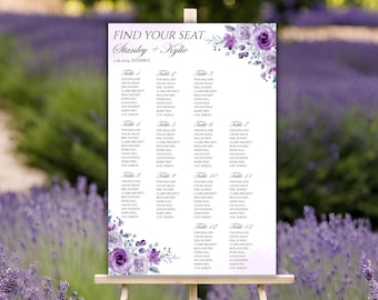 Plantilla de tabla de asientos de boda de lavanda, tabla de asientos de flores silvestres púrpura, tabla de asientos de boda floral lila, plan de asientos boho imprimible