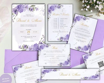 Lavender Wedding Invitation Template Set, Purple and Gold Lilac Wedding Bundle, Boho Wildflower Details Card, Printable DIY RSVP, Download