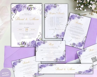 Lavender Wedding Invitation Template Set, Purple and Gold Lilac Wedding Bundle, Boho Wildflower Details Card, Printable DIY RSVP, Download
