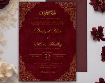 Digital Nikkah Invitation Template, Royal Red Velvet Nikah Invite, Editable Islamic Wedding Invitation, Printable Muslim Wedding Invite, DIY