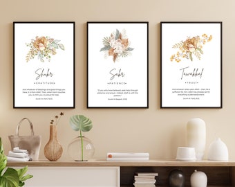 Set of 3 Islamic Digital Art Prints, Islamic Printable Wall Art, Floral Sabr Shukr Tawakkal, Islamic Gifts, Inspirational Muslim Poster