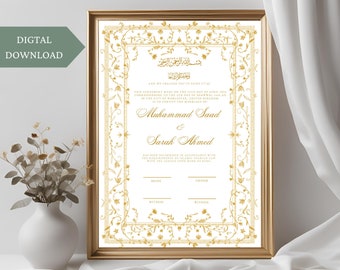 May include: A gold and white Islamic wedding certificate with an ornate floral border. The text reads "And We Created You in Pairs" and includes the names Muhammad Saad and Sarah Ahmed.
