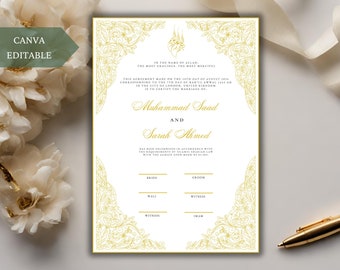 Gold Nikkah Contract Template, Editable Nikkah Certificate A3, A4, Islamic Nikah Nama Digital, Muslim Nikkahnama, Digital Marriage Contract