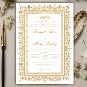 May include: Gold wedding invitation with an ornate border and Arabic calligraphy. The invitation is for the Nikkah ceremony of Daniyal Khan and Maria Shahbaz, on Friday, October 29, 2025 at 8:00 PM at The Great Hotel Auditorium, Country Road Avenue 417, Istanbul City, Turkey.