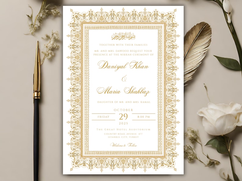May include: Gold wedding invitation with an ornate border and Arabic calligraphy. The invitation is for the Nikkah ceremony of Daniyal Khan and Maria Shahbaz, on Friday, October 29, 2025 at 8:00 PM at The Great Hotel Auditorium, Country Road Avenue 417, Istanbul City, Turkey.