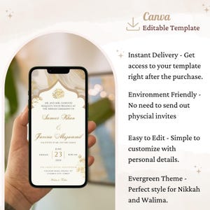 May include: A digital invitation for a Nikkah and Walima ceremony. The invitation features a gold and white marble background with a gold mosque design. The text on the invitation reads "MR. AND MRS. DAWOOD REQUESTS YOUR PRESENCE AT THE NIKKAH CEREMONY OF Sameer Khan & Javeria Muzammil DAUGHTER OF MR. AND MRS. RAMAL FRIDAY JUNE 23 2024 8:00 PM THE GREAT HOTEL AUDITORIUM COUNTRY ROAD AVENUE 477 ISTANBUL CITY TURKEY"