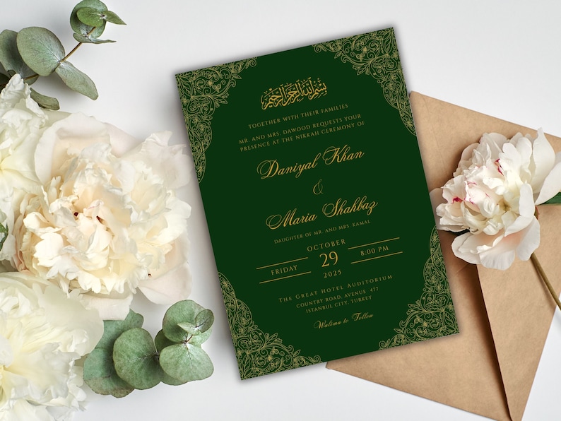 May include: A green and gold wedding invitation featuring intricate floral designs. The invitation announces the marriage of Daniyal Khan and Maria Shahbaz, taking place on Friday, 29th October 2025 at 8:00 PM at The Great Hotel Auditorium in Istanbul, Turkey.