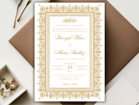 Nikkah Invitation White and Gold, Digital Muslim Wedding Invite, Islamic Gold Wedding Invite, Nikkah Invitation Template, Instant Download
