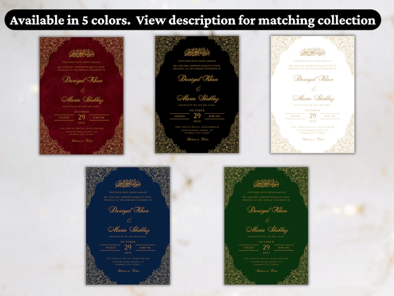 May include: Five wedding invitation templates featuring gold calligraphy and ornate borders. The invitations are in red, black, white, blue, and green.