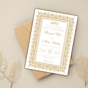 May include: Gold wedding invitation with an ornate border and the text "Together with their families, we are honored to invite you to attend our Nikah Ceremony of Daniyal Khan & Maria Shahbaz, daughter of Mr. and Mrs. Kamal, Friday, October 29, 2023, 8:00 PM, The Grand Hotel, Address, RSVP by October 15, 2023, Welcome & Tilak"