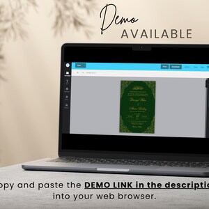 May include: A laptop screen showing a green and gold wedding invitation template with the text "Demo Available". The invitation features a floral design and the names "Darryl Moore & Alice Medley".