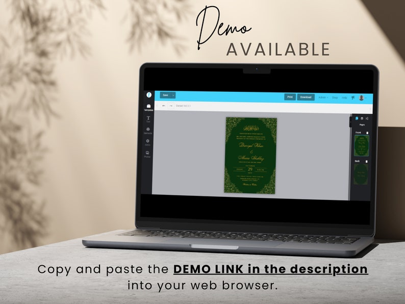 May include: A laptop screen showing a green and gold wedding invitation template with the text "Demo Available". The invitation features a floral design and the names "Darryl Moore & Alice Medley".