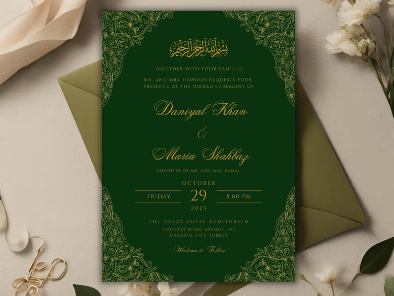 May include: A green and gold wedding invitation with an ornate border. The invitation announces the marriage of Daniyal Khan and Maria Shahbaz on Friday, 29th October 2025 at 8:00 PM at The Great Hotel Auditorium in Istanbul, Turkey.