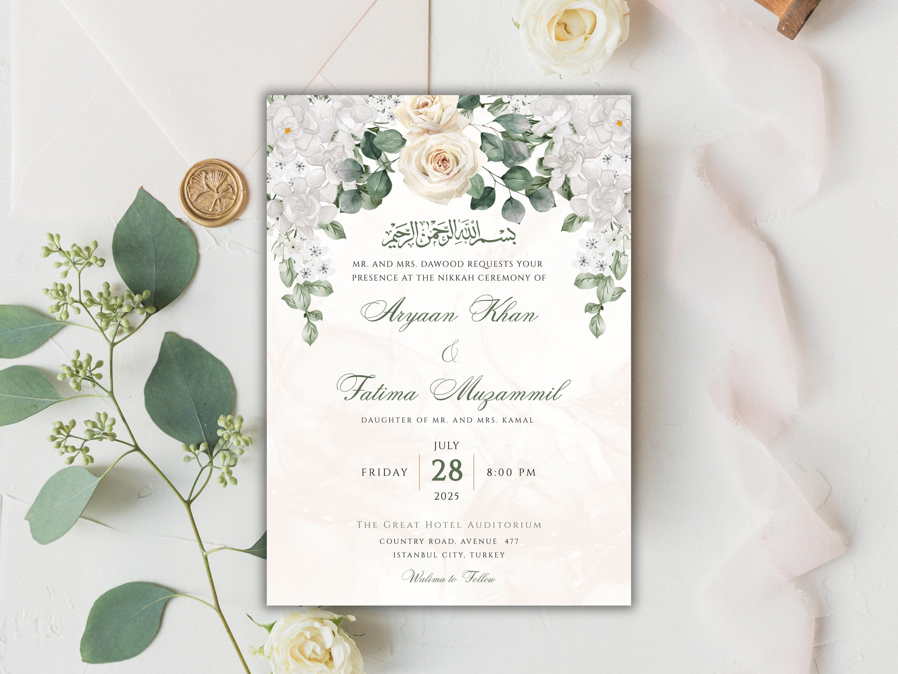 Nikkah Invitation Template, Islamic Wedding Invitation Green Floral ...