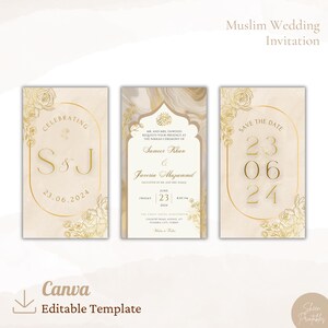 May include: A set of three wedding invitation cards with a gold and white color scheme. The cards feature a floral design with a gold border and the text "Celebrating SJ 23.06.2024", "Mr. and Mrs. Dawood requests your presence at the Nikah Ceremony of Sameer Khan & Javeria Muzammil Friday June 23, 2024" and "Save the Date 23 06 24".