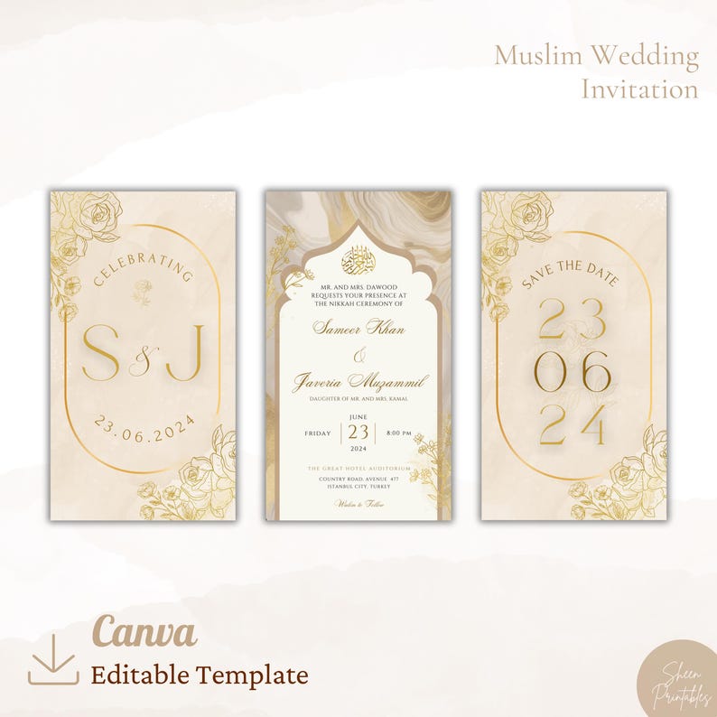 May include: A set of three wedding invitation cards with a gold and white color scheme. The cards feature a floral design with a gold border and the text "Celebrating SJ 23.06.2024", "Mr. and Mrs. Dawood requests your presence at the Nikah Ceremony of Sameer Khan & Javeria Muzammil Friday June 23, 2024" and "Save the Date 23 06 24".