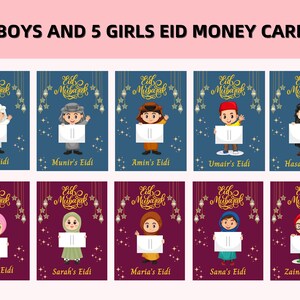 May include: Ten printable Eid money cards featuring cartoon illustrations of children holding blank cards. The cards have a blue or burgundy background with gold stars and lanterns. The text "Eid Mubarak" is written in a decorative script at the top of each card. The cards are labeled with names like "Ali's Eidi" and "Maha's Eidi".