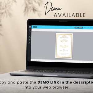 May include: A laptop computer displaying a wedding invitation template on a screen. The invitation is white with gold accents and features a floral design. The text on the invitation reads "August 28, 2023". The text "Demo Available" is displayed above the laptop.