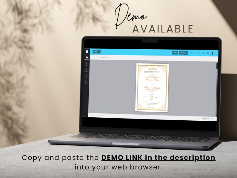 May include: A laptop computer displaying a wedding invitation template on a screen. The invitation is white with gold accents and features a floral design. The text on the invitation reads "August 28, 2023". The text "Demo Available" is displayed above the laptop.