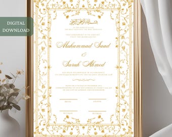 Gold Islamic Nikkah Contract, Floral Nikkah Certificate Template, Digital Muslim Nikkah Contract, Islamic Wedding Contract, Nikkah Nama