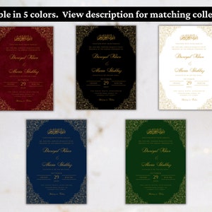 May include: Five wedding invitation templates with gold calligraphy and ornate borders. The invitations are in red, black, white, blue, and green.