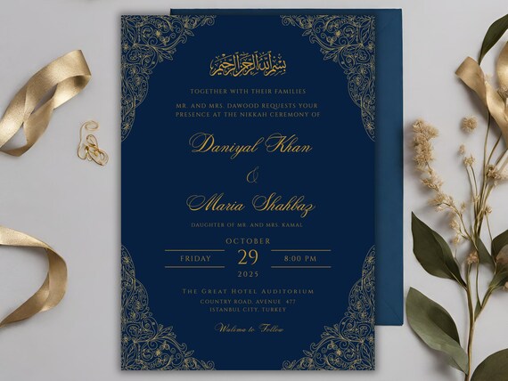 Digital Nikkah Invitation Template, Royal Blue Islamic Wedding Invite, Printable Nikah Invite, Blue and Gold Muslim Wedding Invitation, DIY
