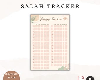 May include: Printable Salah tracker with a floral design. The tracker has two columns, one for each prayer, with 30 days of the month listed on the left and right sides. The tracker is in a light pink color with a beige background.