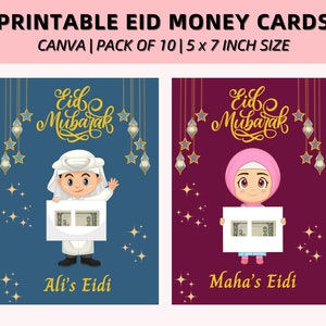 Cartão de dinheiro Eid, 10 designs diferentes, envelope de dinheiro Eid editável, suporte de dinheiro Eid digital, presente Eid para crianças, cartão Eidi islâmico, Canva DIY