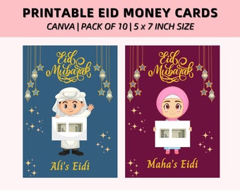 Eid Geldkarte, 10 verschiedene Designs, bearbeitbarer Eid Geld-Umschlag, Digitaler Eid Geldhalter, Eid Geschenk für Kinder, Islamische Eidi Karte, DIY Canva