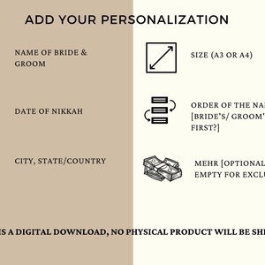 K&ouml;nnte beinhalten: Eine digitale Download-Vorlage f&uuml;r eine Nikah-Einladung. Die Vorlage enth&auml;lt Felder f&uuml;r die Namen der Braut und des Br&auml;utigams, das Datum der Nikah, die Stadt, das Bundesland und das Land, die Gr&ouml;&szlig;e der Einladung, die Reihenfolge der Namen und den Mehr. Der Text "Dies ist ein digitaler Download, es wird kein physisches Produkt versandt" befindet sich am unteren Rand der Vorlage.
