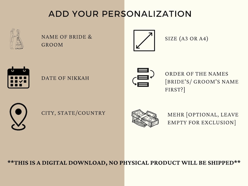 K&ouml;nnte beinhalten: Eine digitale Download-Vorlage f&uuml;r eine Nikah-Einladung. Die Vorlage enth&auml;lt Felder f&uuml;r die Namen der Braut und des Br&auml;utigams, das Datum der Nikah, die Stadt, das Bundesland und das Land, die Gr&ouml;&szlig;e der Einladung, die Reihenfolge der Namen und den Mehr. Der Text "Dies ist ein digitaler Download, es wird kein physisches Produkt versandt" befindet sich am unteren Rand der Vorlage.