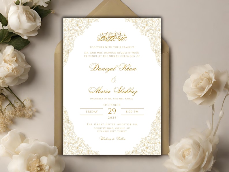 May include: Gold wedding invitation with an ornate border and Arabic calligraphy. The invitation is for the wedding of Daniyal Khan and Maria Shahbaz, to be held on Friday, October 29, 2025 at 8:00 PM at The Great Hotel Auditorium in Istanbul, Turkey.