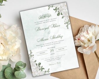 Plantilla de invitación floral blanca Nikkah, invitación de boda islámica verde salvia, invitación Nikkah digital, boda musulmana, descarga instantánea