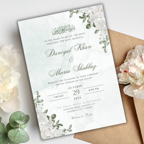 Weiß Floral Nikkah Einladung Vorlage, islamische Hochzeitseinladung Salbei grün, Nikkah Digital, Muslimische Hochzeit, Instant Download