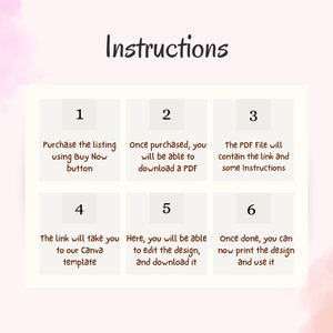 May include: A six-step instruction guide for purchasing and using a digital design template. The instructions are numbered 1 through 6 and are written in a white font on a light beige background.
