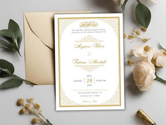 Gold and White Nikkah Invitation, Printable Muslim Wedding Invitation, Islamic Nikkah Invite  Digital, Traditional Shaadi, Instant Download
