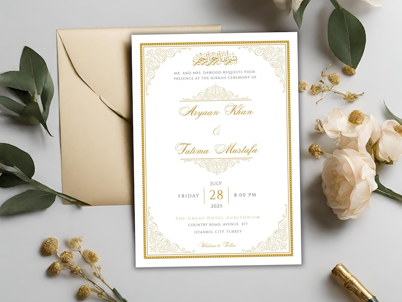 Gold and White Nikkah Invitation, Printable Muslim Wedding Invitation, Islamic Nikkah Invite  Digital, Traditional Shaadi, Instant Download