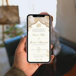May include: A digital invitation for a wedding ceremony. The invitation is in a gold and white color scheme with a floral design. The text on the invitation reads "MR. AND MRS. DAWOOD REQUESTS YOUR PRESENCE AT THE NIKKAH CEREMONY OF Sameer Khan & Javeria Muzammil DAUGHTER OF MR. AND MRS. KAMAL JUNE 23 2024 8:00 PM THE GREAT HOTEL AUDITORIUM COUNTRY ROAD AVENUE #17 ISTANBUL CITY, TURKEY"