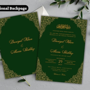 May include: Green and gold wedding invitation with ornate floral designs. The invitation features the names "Daniyal Khan" and "Maria Shahbaz" and the date "29 October 2025".