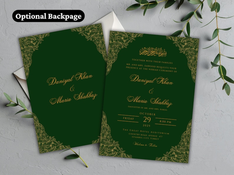 May include: Green and gold wedding invitation with ornate floral designs. The invitation features the names "Daniyal Khan" and "Maria Shahbaz" and the date "29 October 2025".
