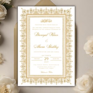 May include: Gold wedding invitation with an ornate border and calligraphy. The invitation announces the Nikkah ceremony of Daniyal Khan and Maria Shahbaz on Friday, October 29, 2025, at 8:00 PM at The Great Hotel Auditorium in Istanbul, Turkey.