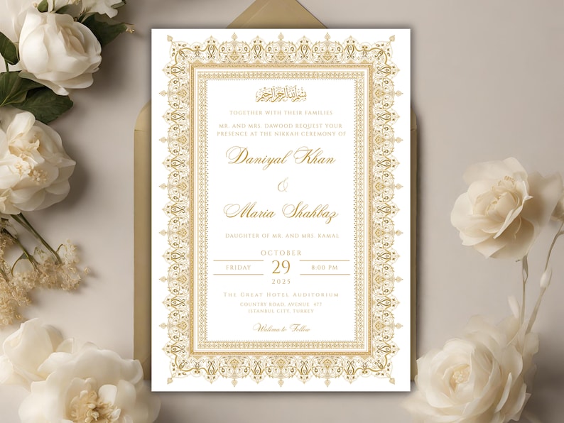 May include: Gold wedding invitation with an ornate border and calligraphy. The invitation announces the Nikkah ceremony of Daniyal Khan and Maria Shahbaz on Friday, October 29, 2025, at 8:00 PM at The Great Hotel Auditorium in Istanbul, Turkey.