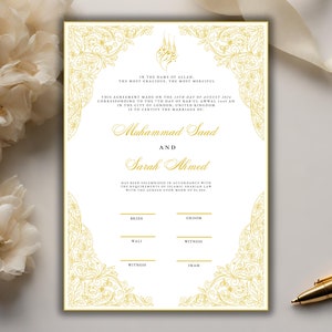 Gold Nikkah Vertragsvorlage, bearbeitbares Nikkah Zertifikat A3, A4, Islamisches Nikah Nama Digital Druckbares Muslimisches Nikkahnama, Ehevertrag