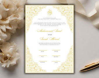 Gold Nikkah Contract Template, Editable Nikkah Certificate A3, A4, Islamic Nikah Nama Digital Printable Muslim Nikkahnama, Marriage Contract