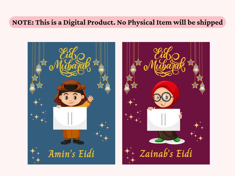 May include: Two printable Eid Mubarak cards featuring illustrations of children holding blank cards. The card on the left has a blue background with a boy wearing a brown hat and the text "Amin's Eidi". The card on the right has a purple background with a girl wearing a red hijab and the text "Zainab's Eidi".