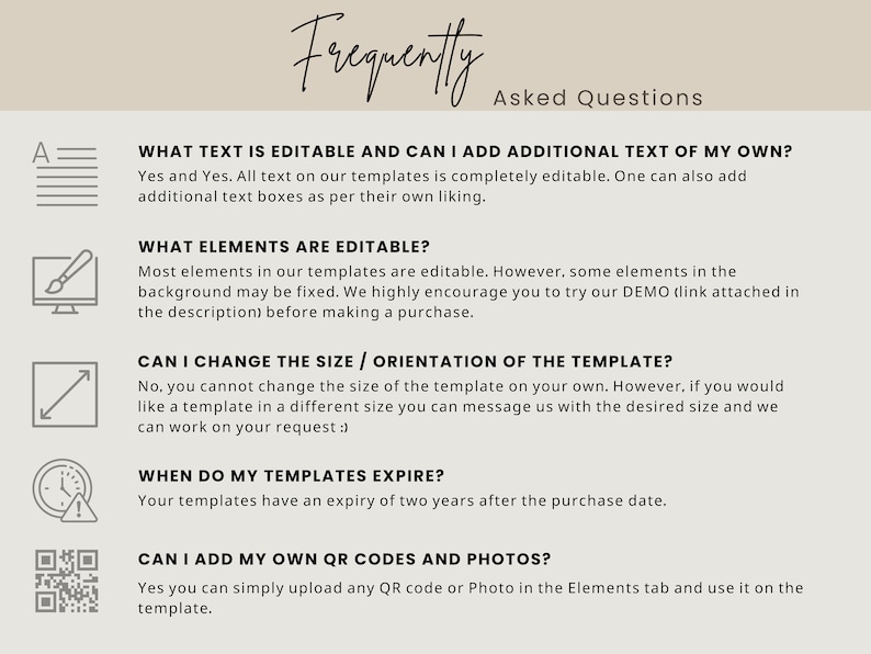 May include: A white background with black text and icons answering frequently asked questions about editable text, elements, size, expiration, and adding QR codes and photos to templates.
