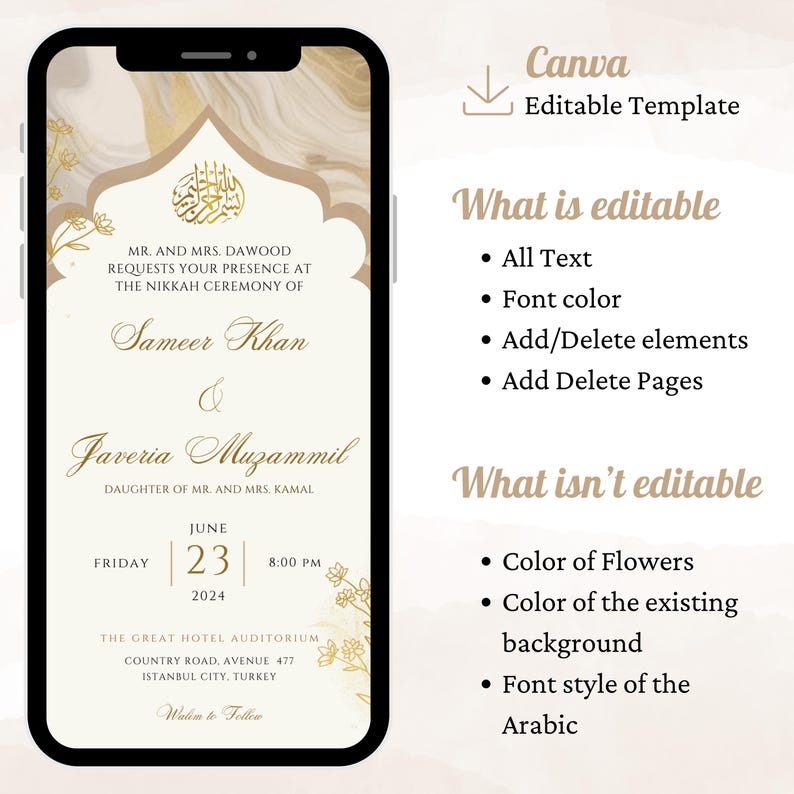 May include: A digital invitation for a wedding ceremony. The invitation is in a light brown and gold color scheme with a floral design. The text on the invitation reads "MR. AND MRS. DAWOOD REQUESTS YOUR PRESENCE AT THE NIKKAH CEREMONY OF Sameer Khan & Javeria Muzammil DAUGHTER OF MR. AND MRS. KAMAL FRIDAY JUNE |23| 8:00 PM 2024 THE GREAT HOTEL AUDITORIUM COUNTRY ROAD, AVENUE 477 ISTANBUL CITY, TURKEY Walim to Follow".